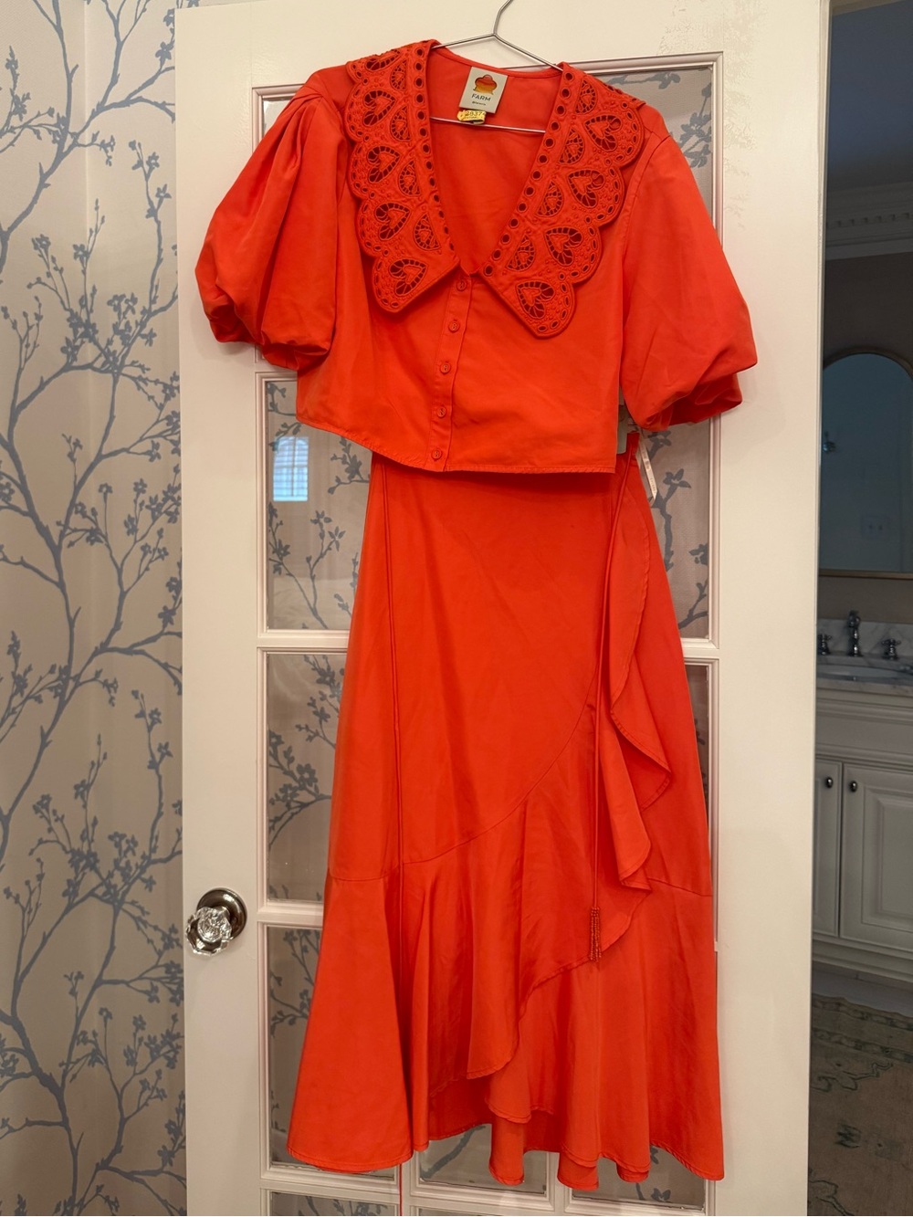 FARM Rio Bright Orange Eyelet-Collar Skirt Set